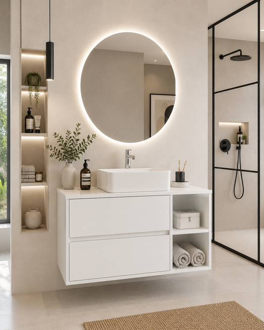 Meuble de salle de bain ZEUS avec plan de travail en bois et lavabo à poser