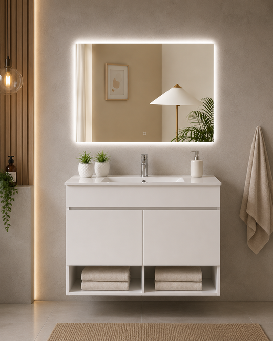Meuble de salle de bain suspendu NEBARI avec portes et lavabo extra-plat