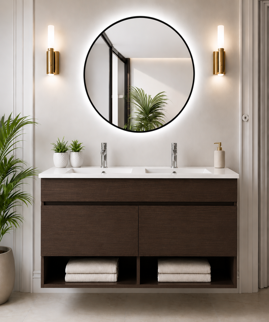 Meuble de salle de bain suspendu NEBARI avec portes et lavabo extra-plat