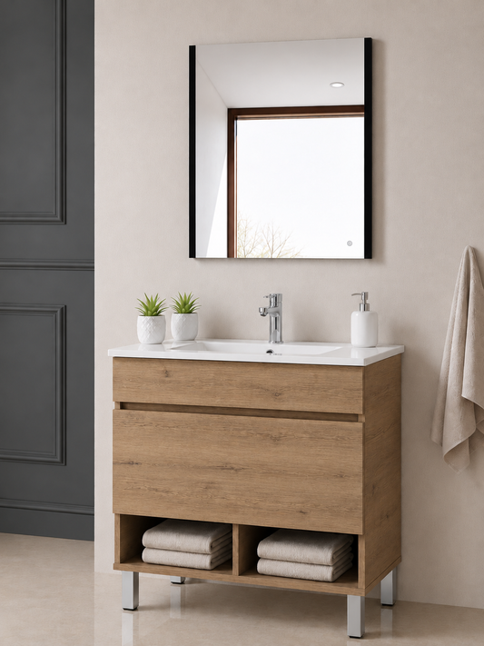 Meuble de salle de bain sur pieds NEBARI avec tiroir et lavabo extra-plat