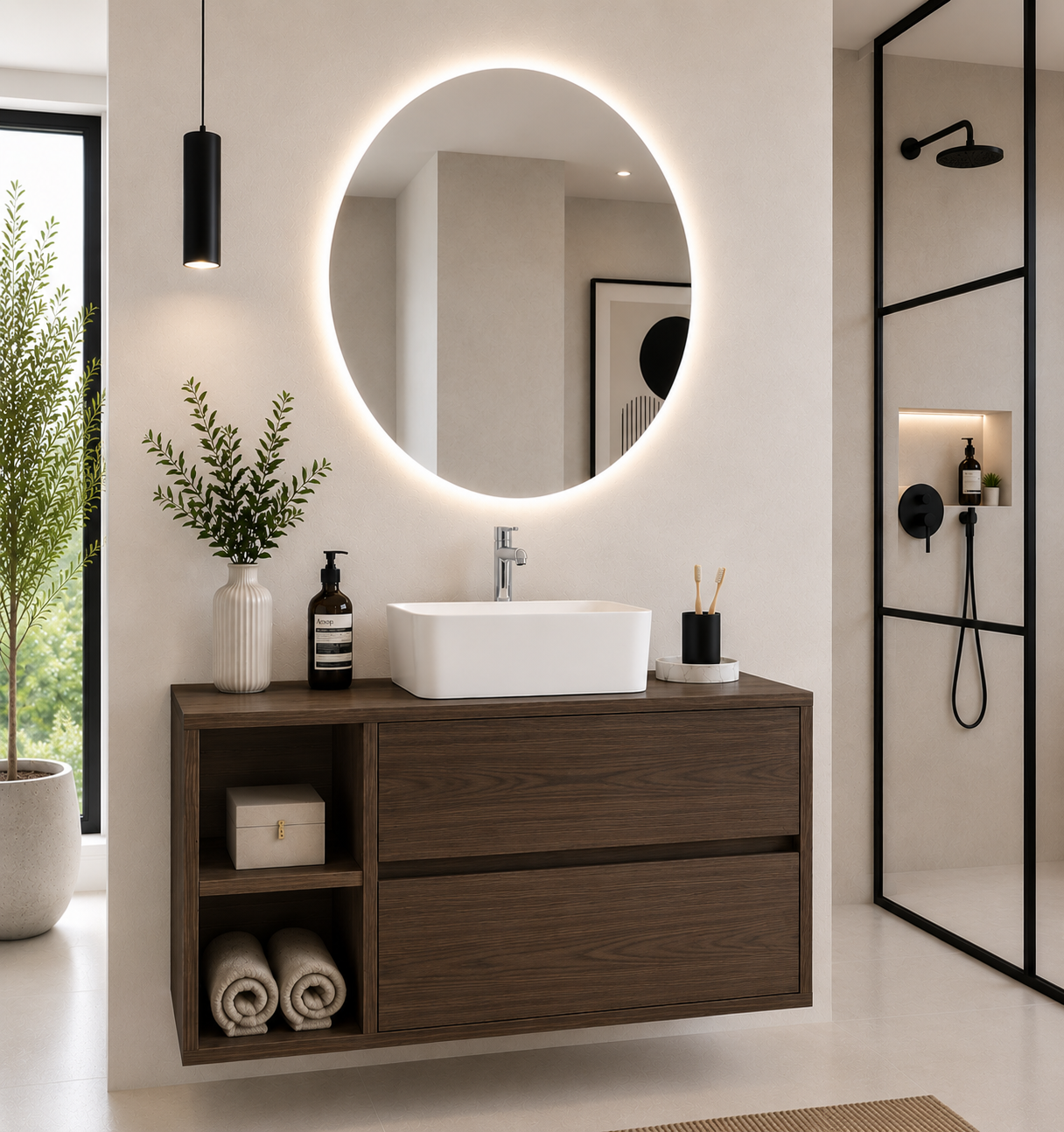 Meuble de salle de bain ZEUS avec plan de travail en bois et lavabo à poser