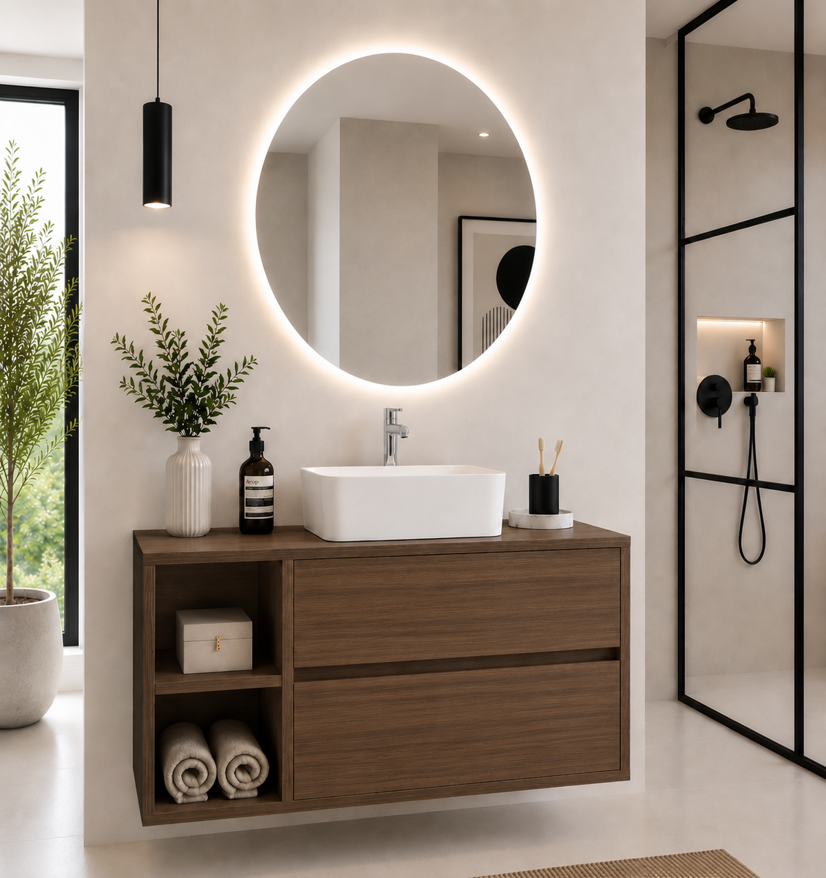 Meuble de salle de bain ZEUS avec plan de travail en bois et lavabo à poser
