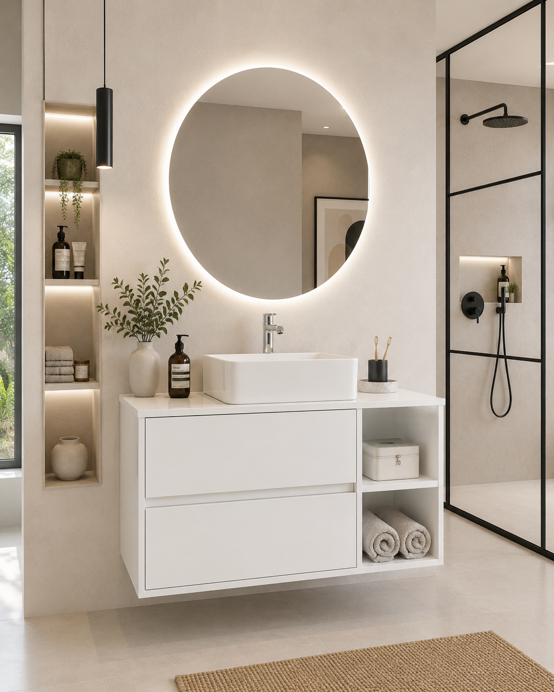 Meuble de salle de bain ZEUS avec plan de travail en bois et lavabo à poser