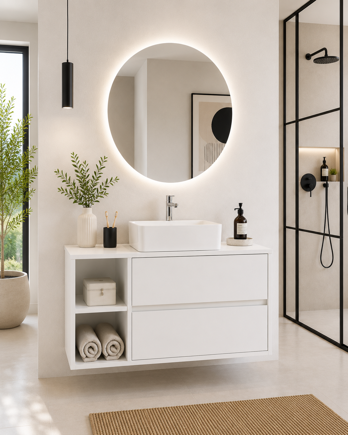 Meuble de salle de bain ZEUS avec plan de travail en bois et lavabo à poser