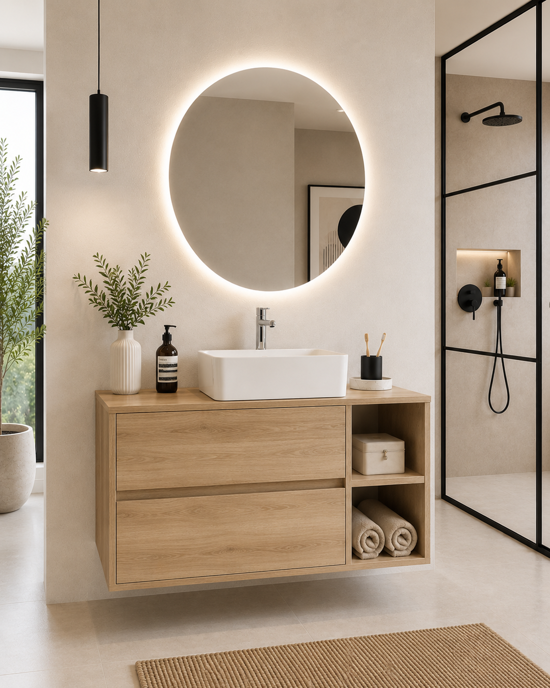 Meuble de salle de bain ZEUS avec plan de travail en bois et lavabo à poser