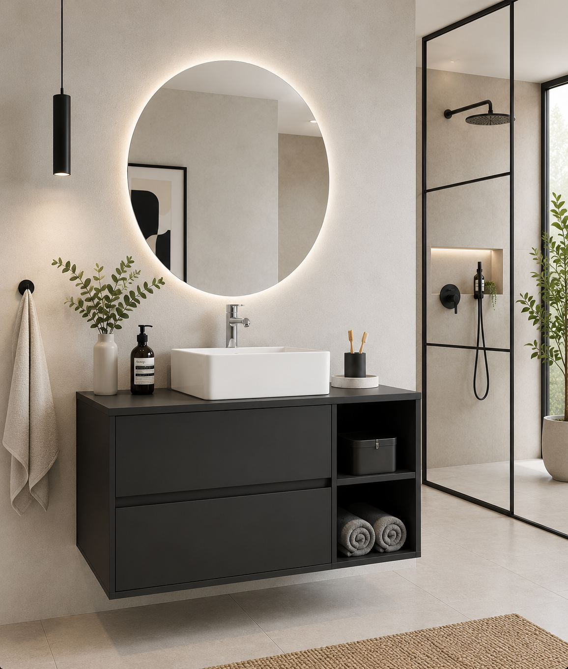 Meuble de salle de bain ZEUS avec plan de travail en bois et lavabo à poser
