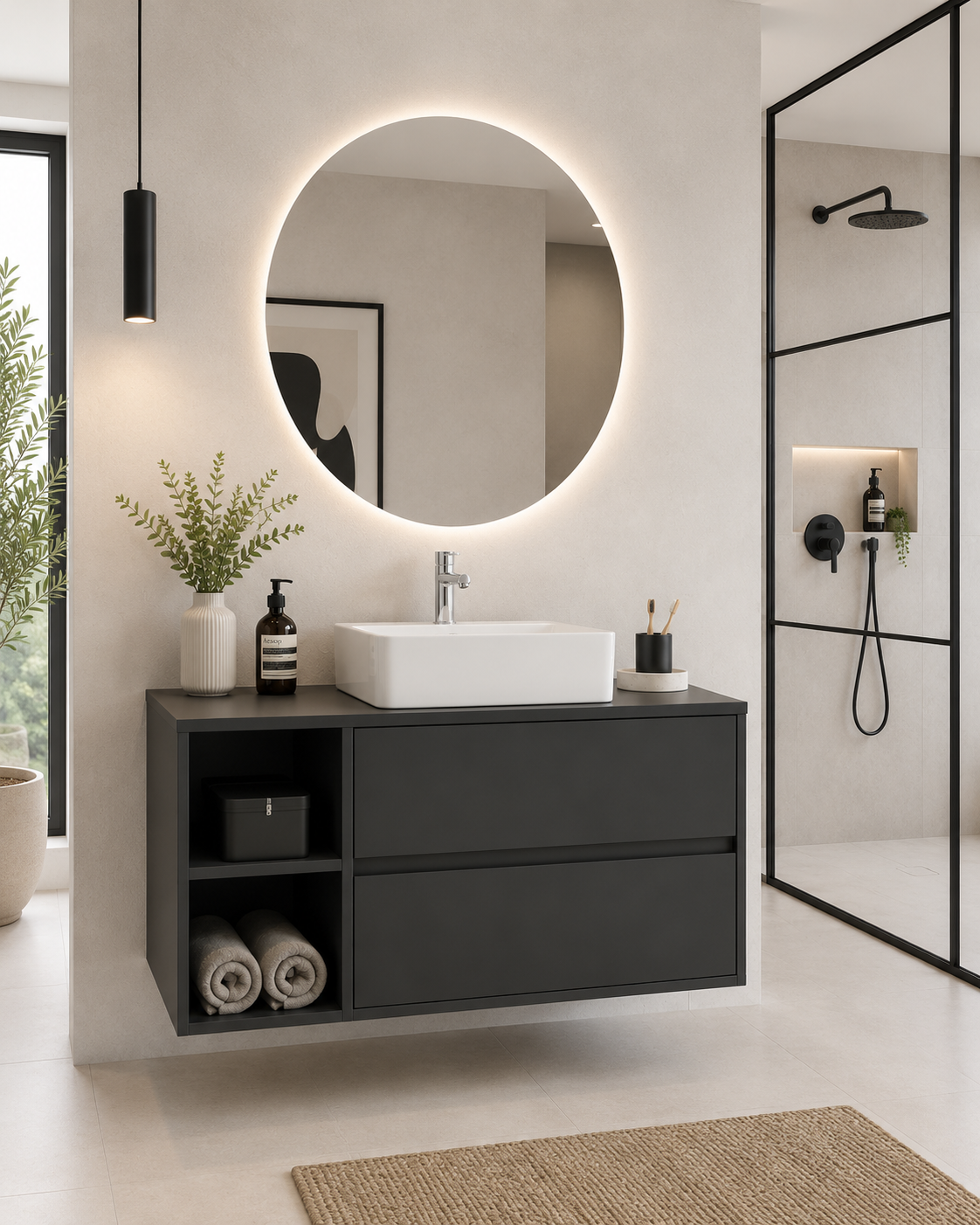 Meuble de salle de bain ZEUS avec plan de travail en bois et lavabo à poser