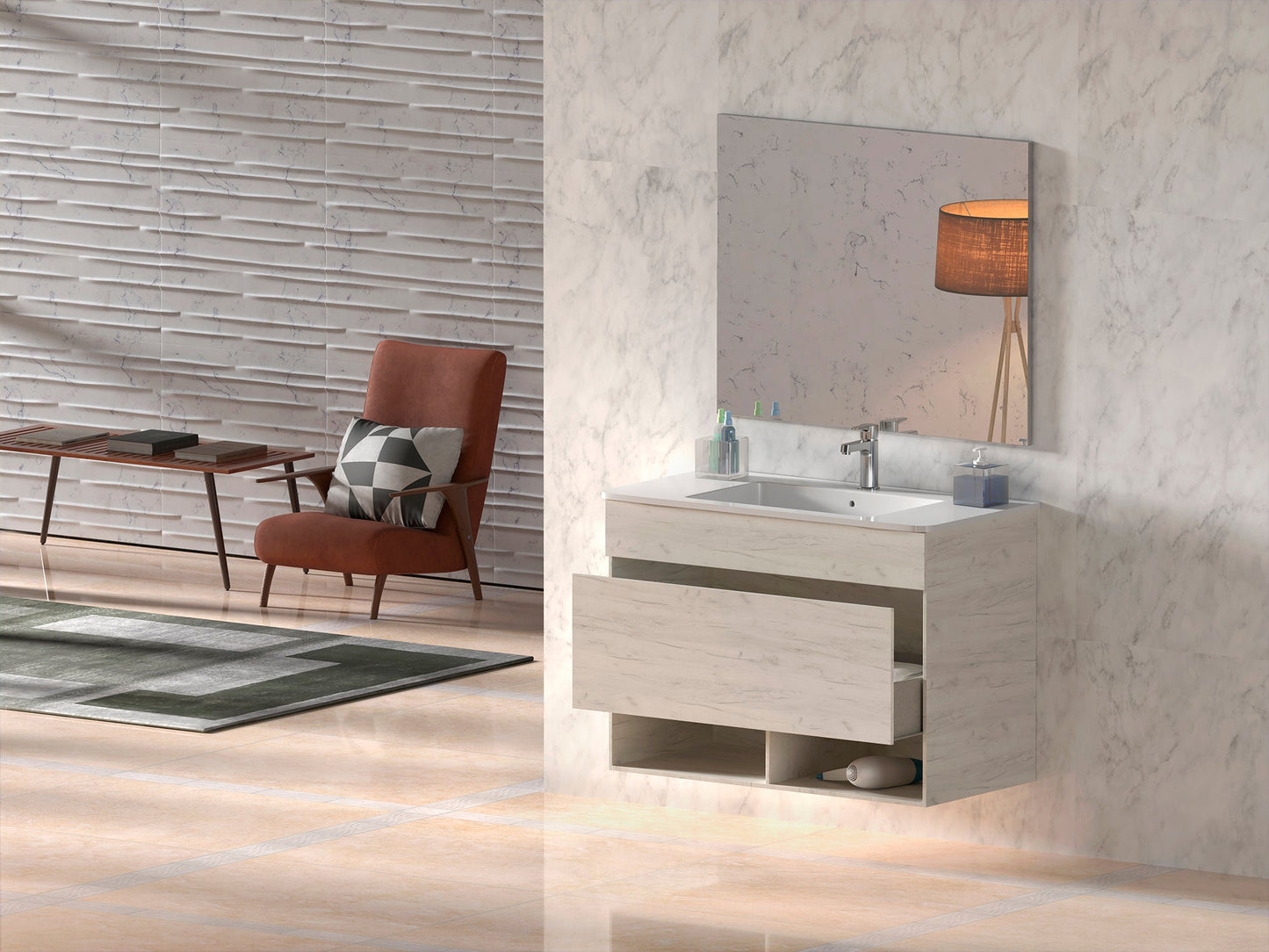 Meuble de salle de bain suspendu NEBARI avec tiroir et vasque extra-plate