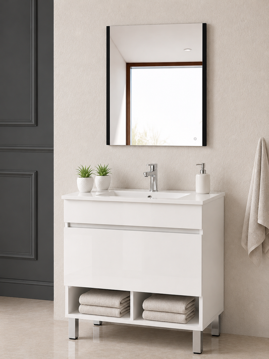 Meuble de salle de bain sur pieds NEBARI avec tiroir et lavabo extra-plat