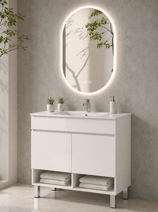 Meuble de salle de bain avec pieds NEBARI avec portes et lavabo extra-plat