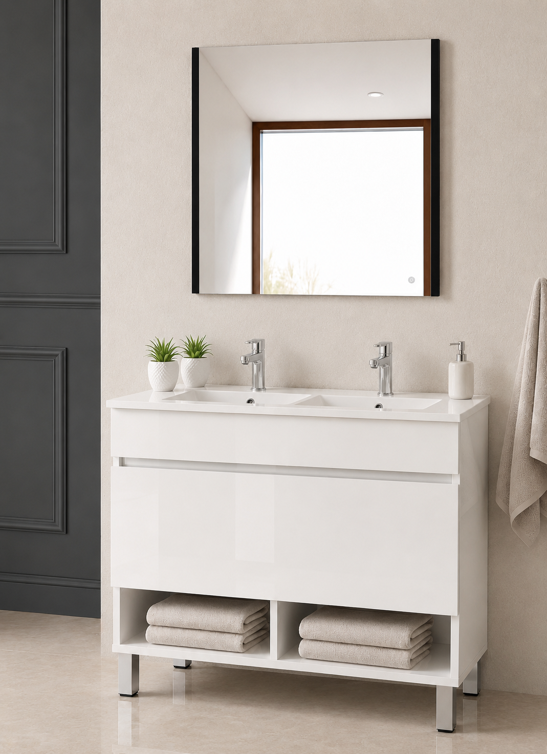 Meuble de salle de bain sur pieds NEBARI avec tiroir et lavabo extra-plat