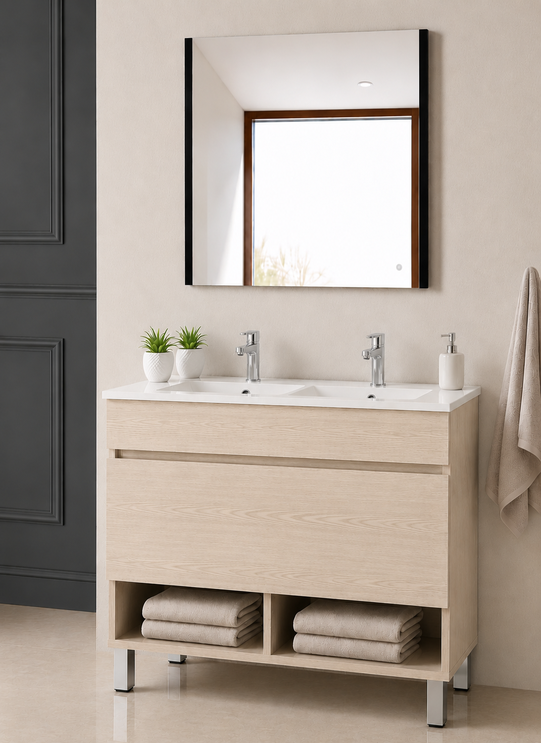 Meuble de salle de bain sur pieds NEBARI avec tiroir et lavabo extra-plat