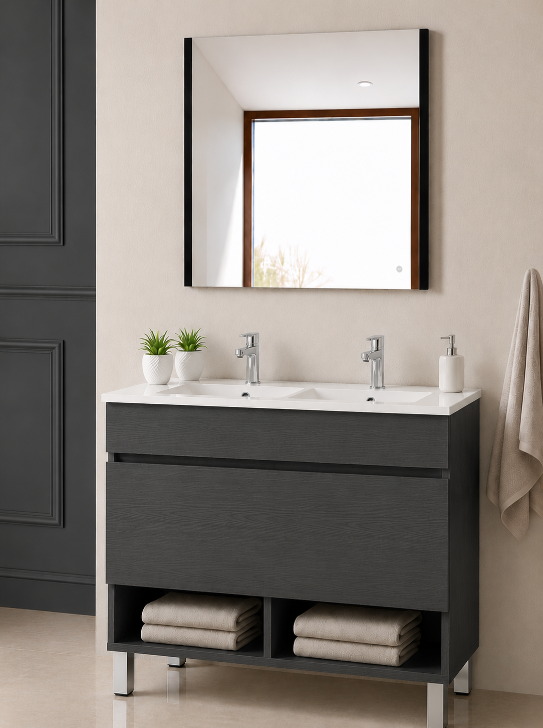 Meuble de salle de bain sur pieds NEBARI avec tiroir et lavabo extra-plat