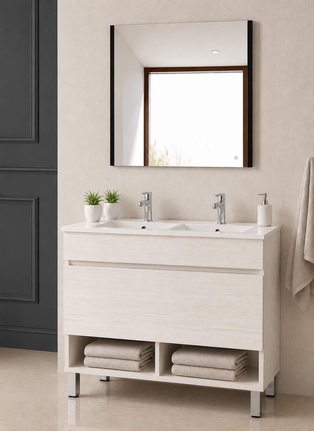 Meuble de salle de bain sur pieds NEBARI avec tiroir et lavabo extra-plat