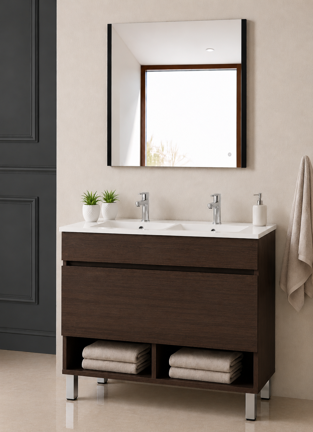 Meuble de salle de bain sur pieds NEBARI avec tiroir et lavabo extra-plat