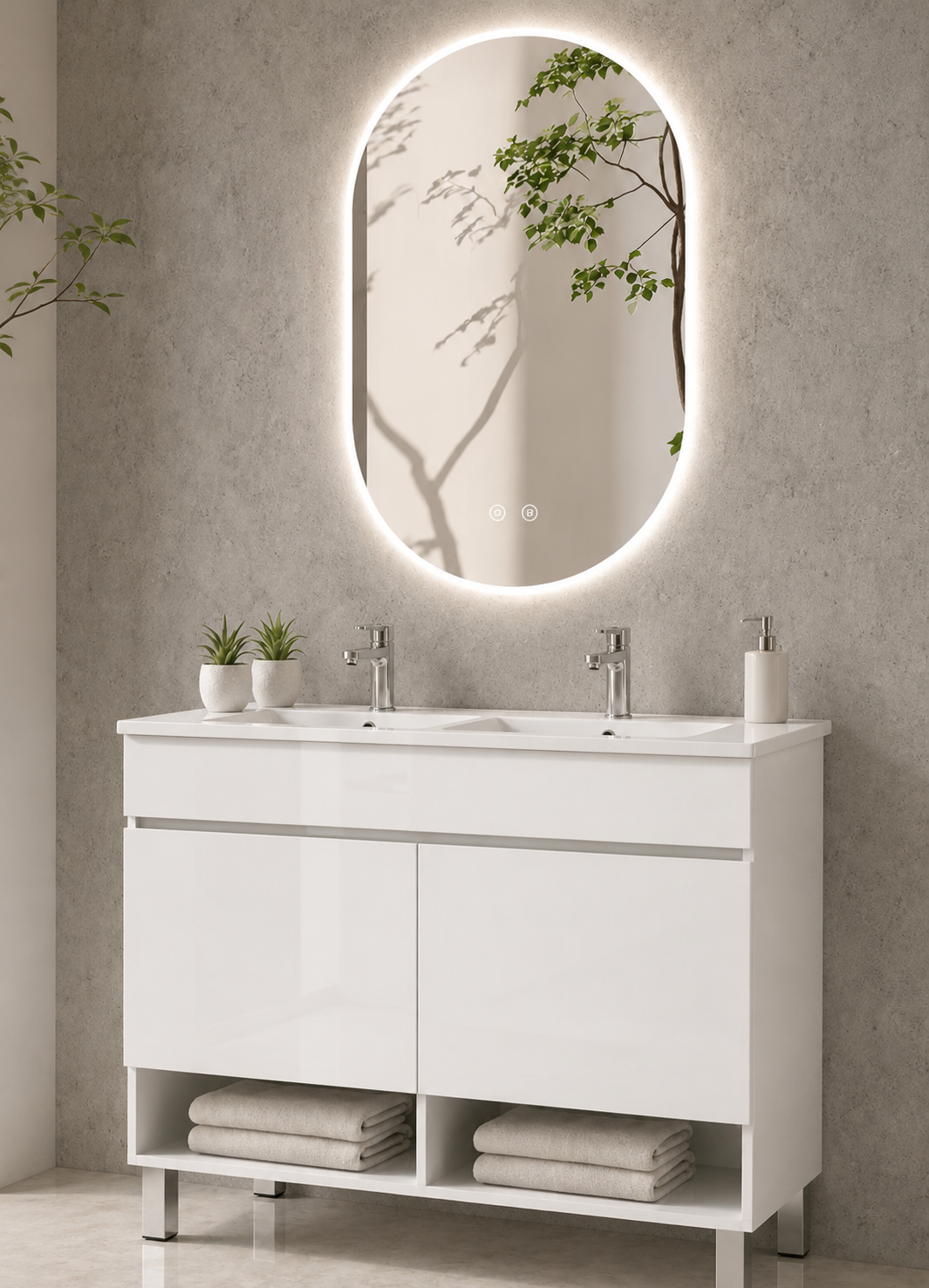 Meuble de salle de bain avec pieds NEBARI avec portes et lavabo extra-plat