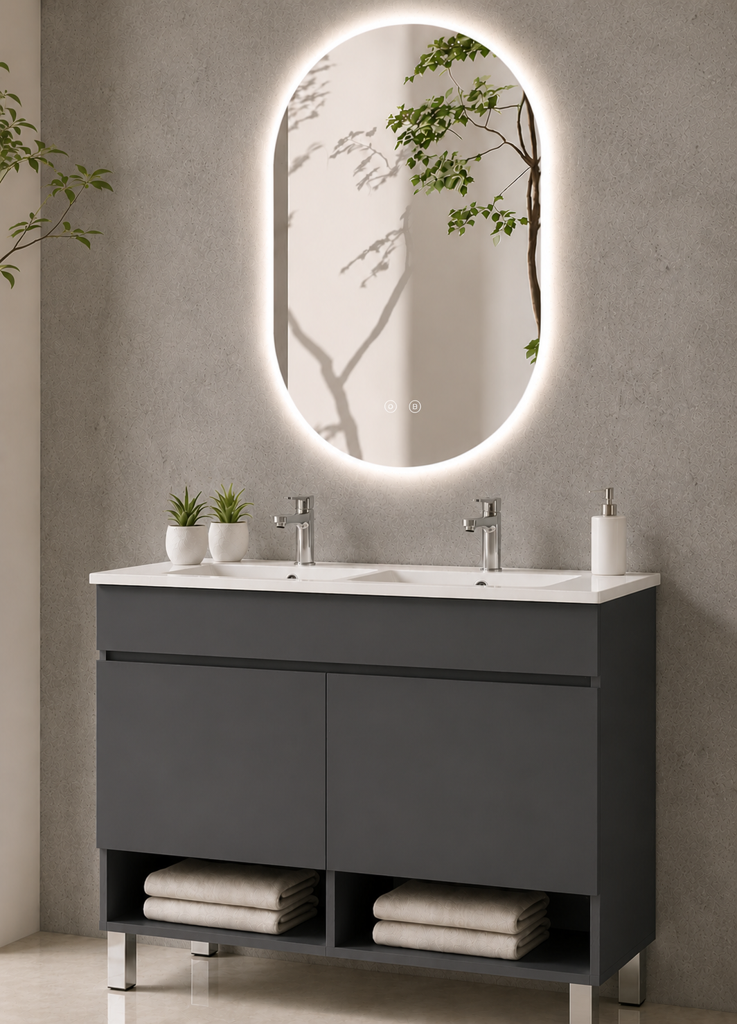 Meuble de salle de bain avec pieds NEBARI avec portes et lavabo extra-plat