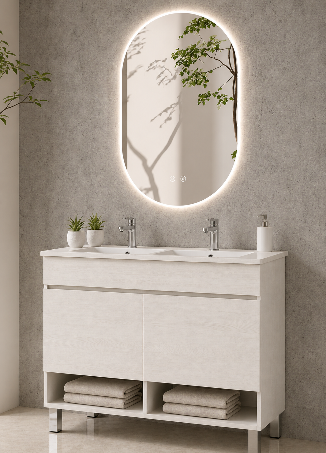 Meuble de salle de bain avec pieds NEBARI avec portes et lavabo extra-plat