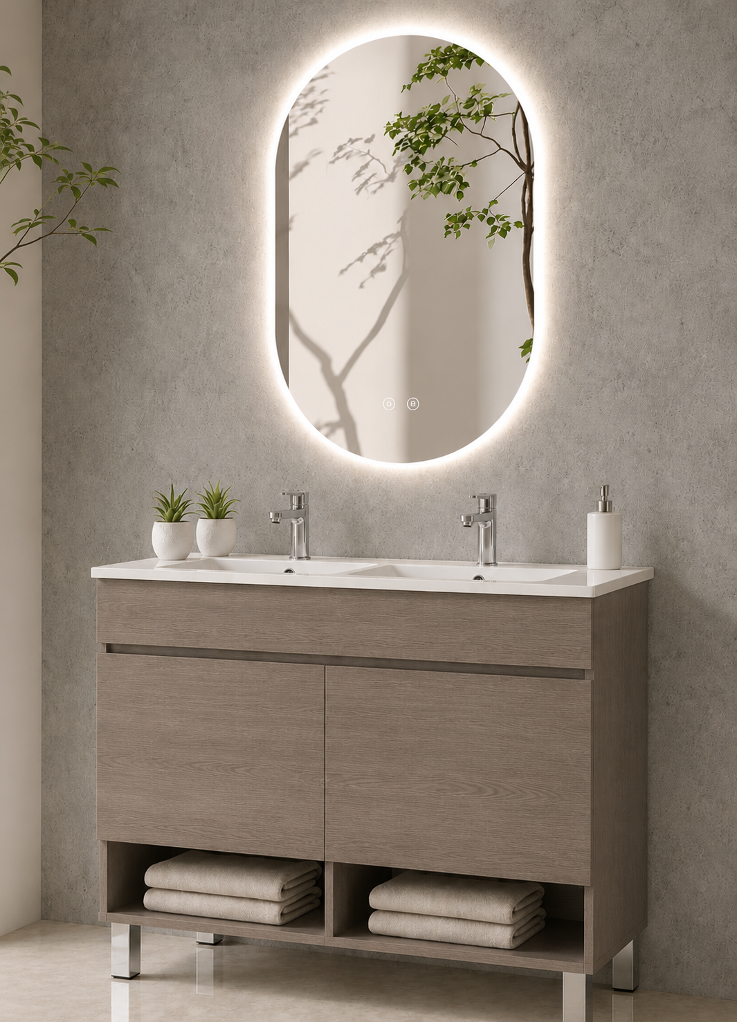 Meuble de salle de bain avec pieds NEBARI avec portes et lavabo extra-plat