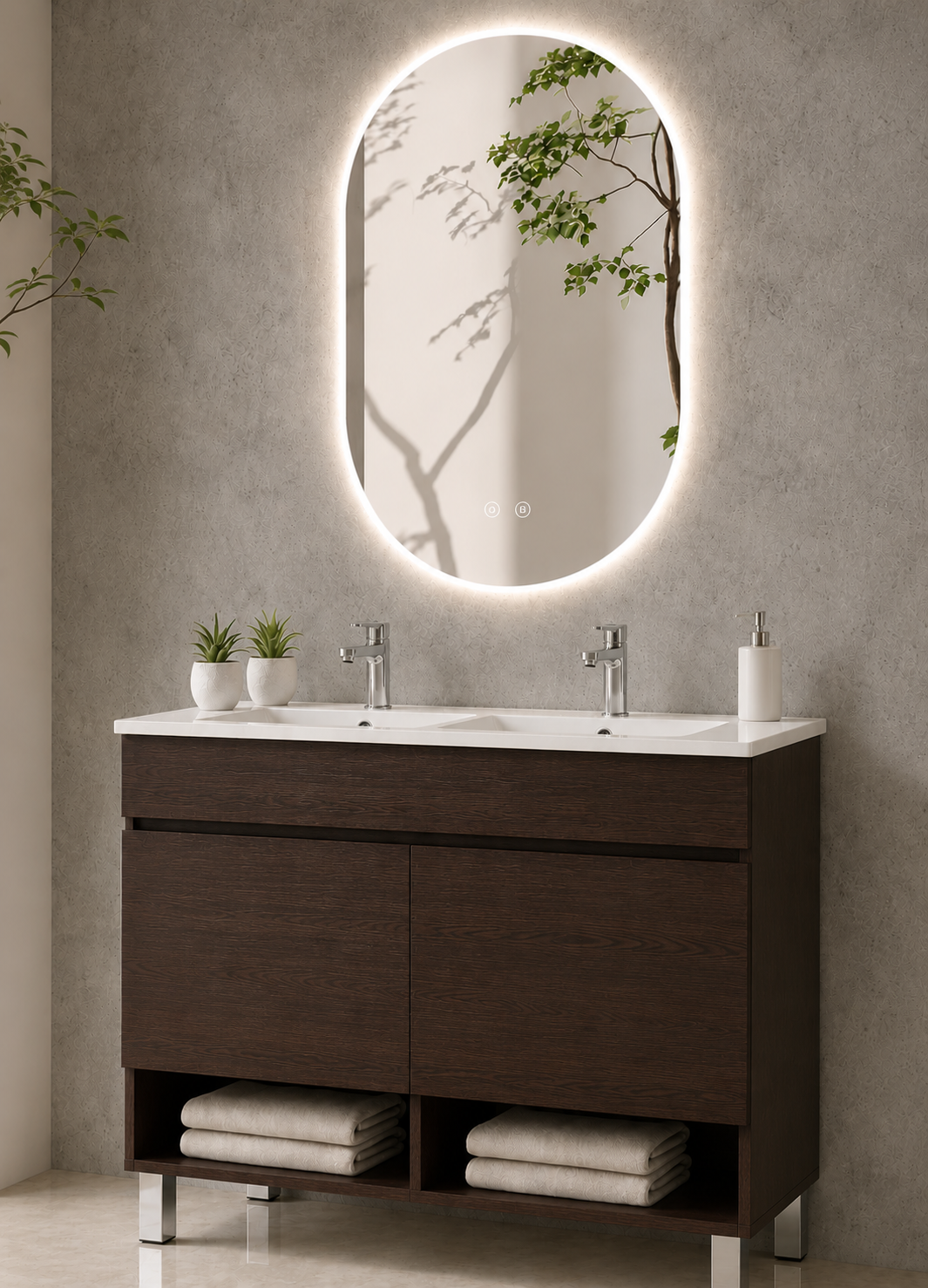 Meuble de salle de bain avec pieds NEBARI avec portes et lavabo extra-plat