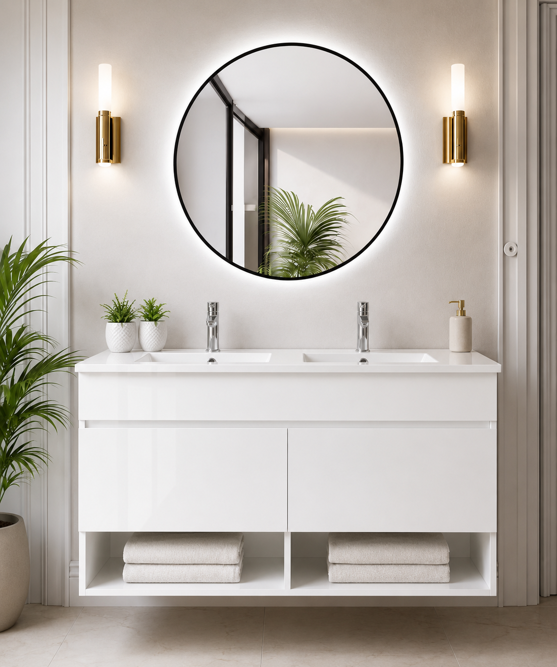 Meuble de salle de bain suspendu NEBARI avec portes et lavabo extra-plat