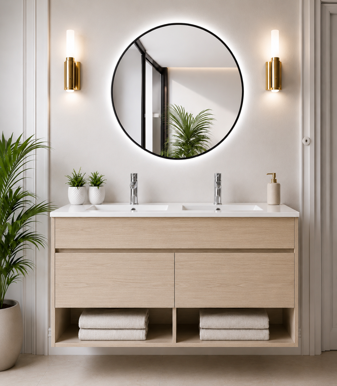 Meuble de salle de bain avec pieds NEBARI avec portes et lavabo extra-plat