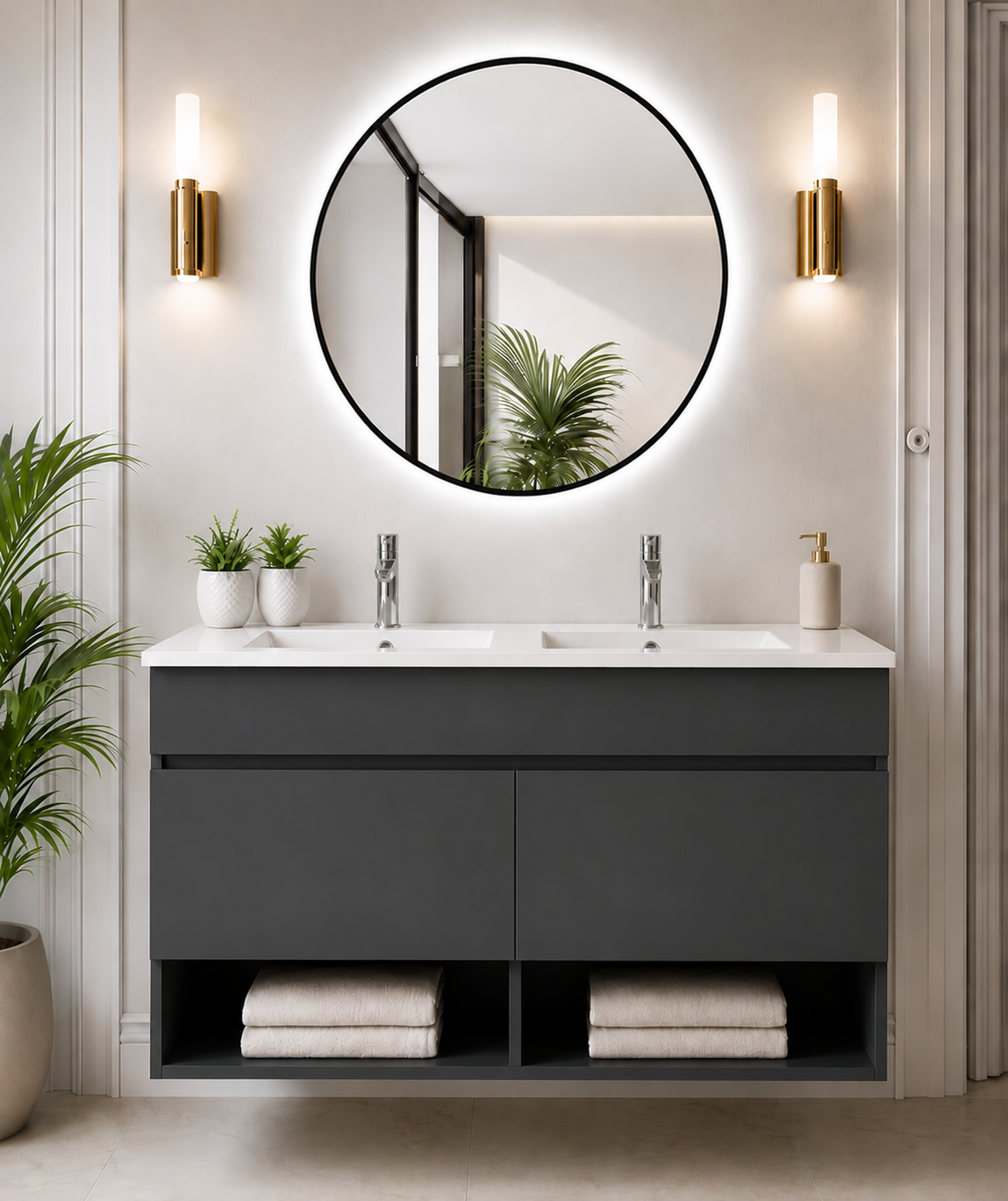Meuble de salle de bain suspendu NEBARI avec portes et lavabo extra-plat