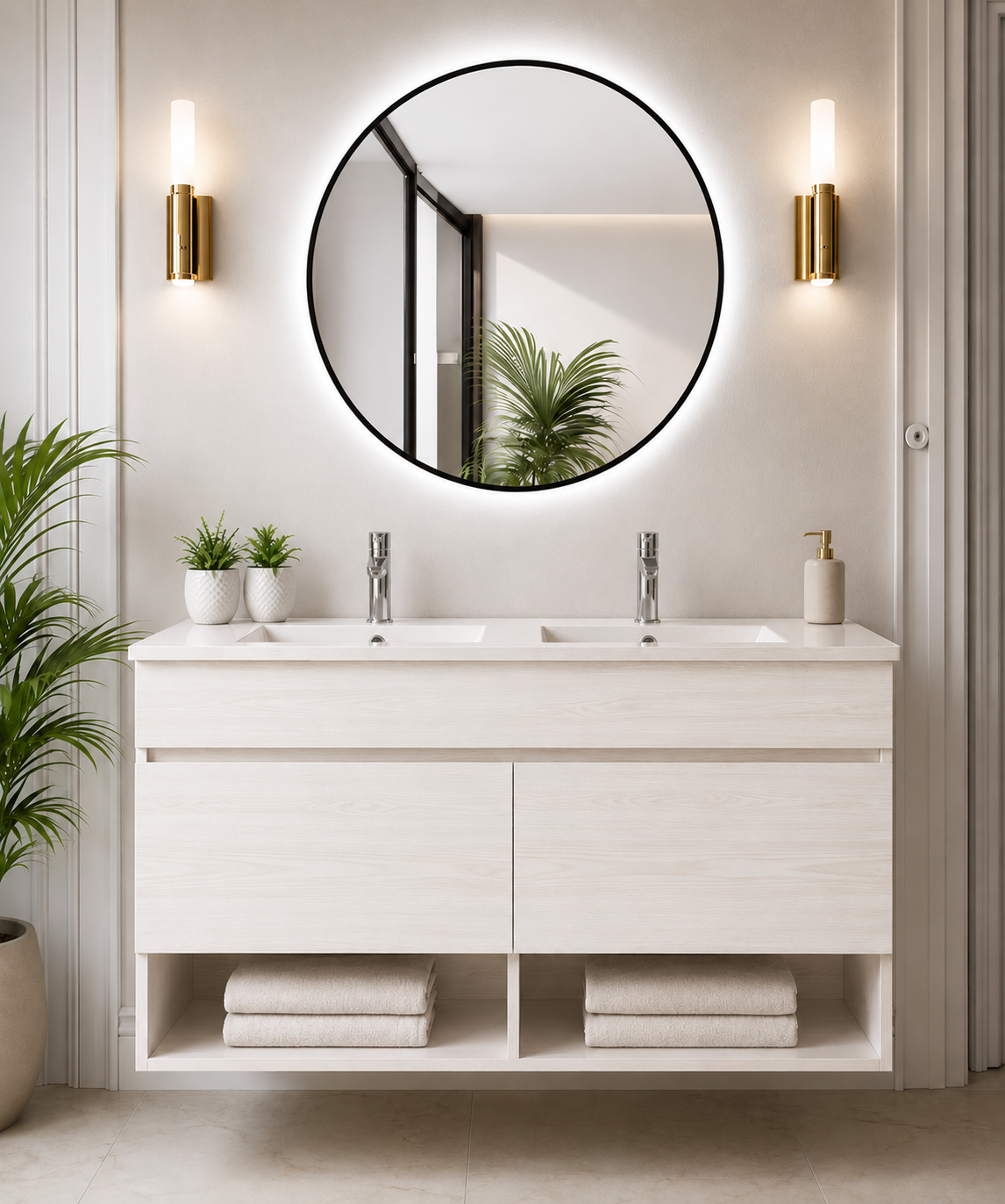 Meuble de salle de bain suspendu NEBARI avec portes et lavabo extra-plat