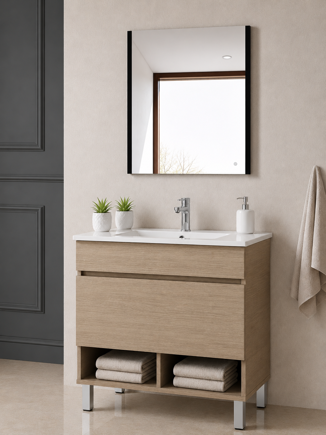 Meuble de salle de bain sur pieds NEBARI avec tiroir et lavabo extra-plat