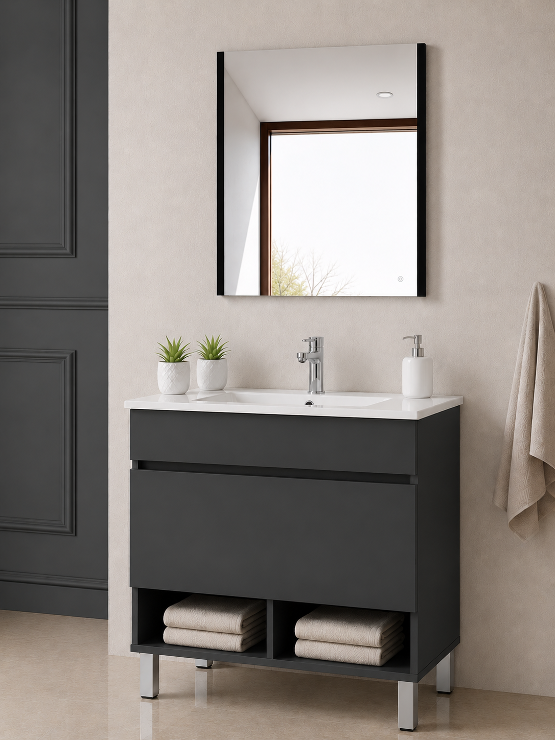 Meuble de salle de bain sur pieds NEBARI avec tiroir et lavabo extra-plat