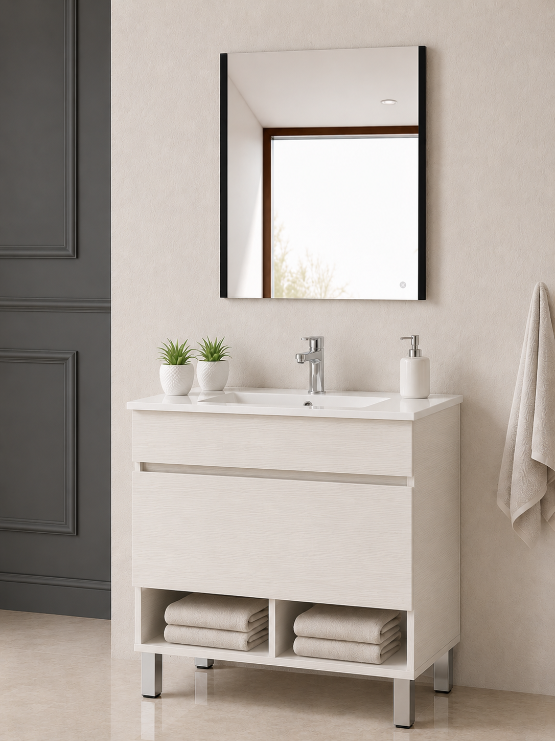 Meuble de salle de bain sur pieds NEBARI avec tiroir et lavabo extra-plat
