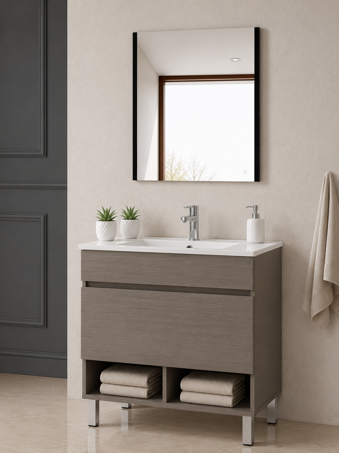 Meuble de salle de bain sur pieds NEBARI avec tiroir et lavabo extra-plat