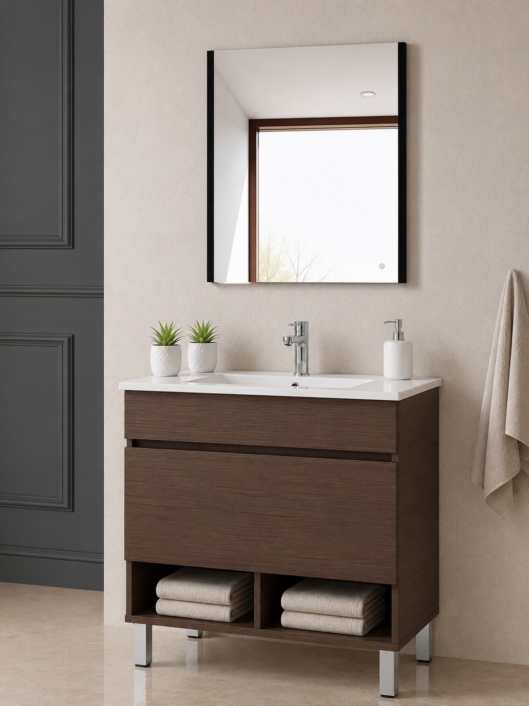 Meuble de salle de bain sur pieds NEBARI avec tiroir et lavabo extra-plat