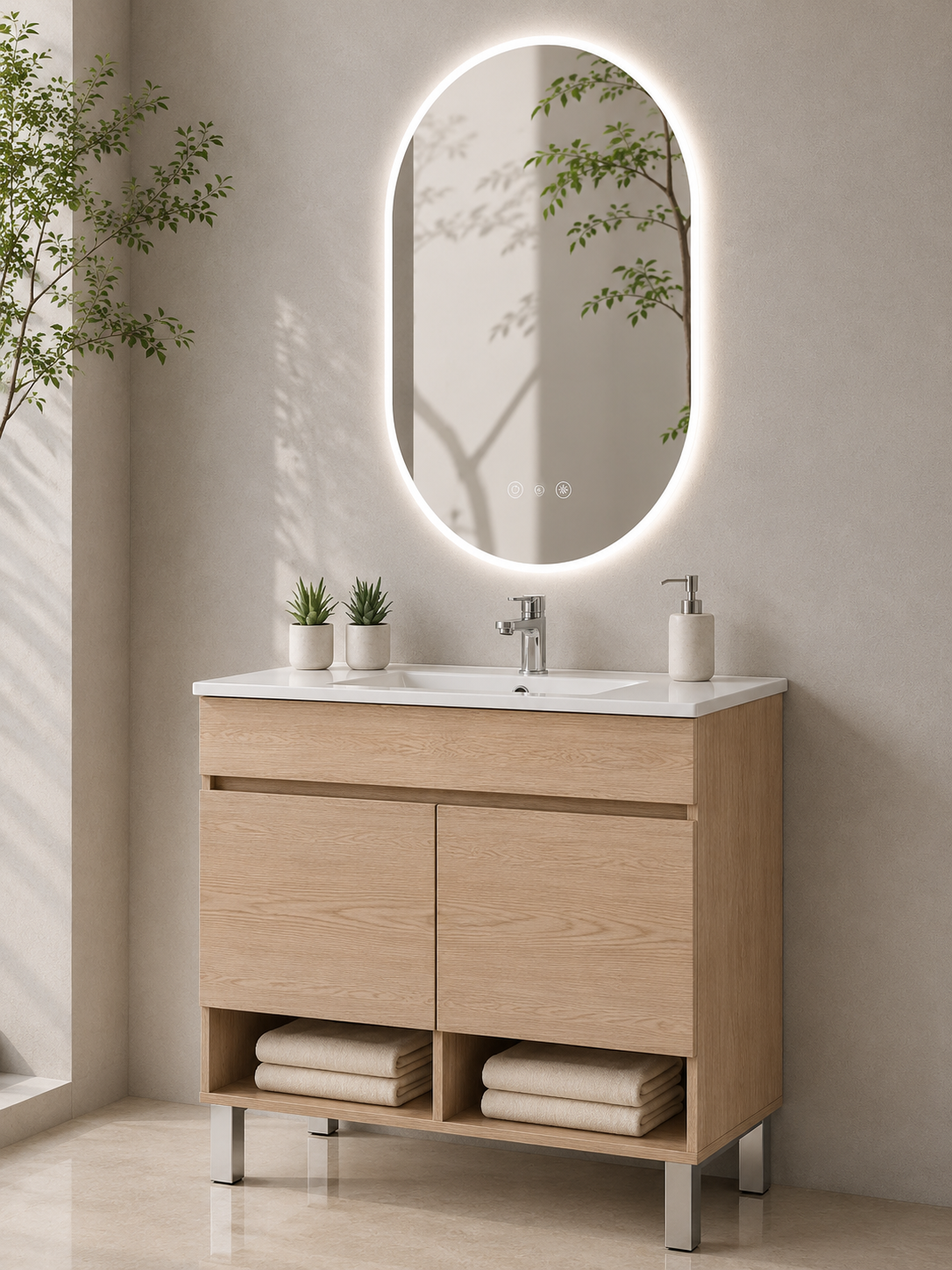 Meuble de salle de bain avec pieds NEBARI avec portes et lavabo extra-plat