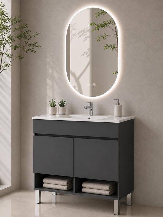 Meuble de salle de bain avec pieds NEBARI avec portes et lavabo extra-plat