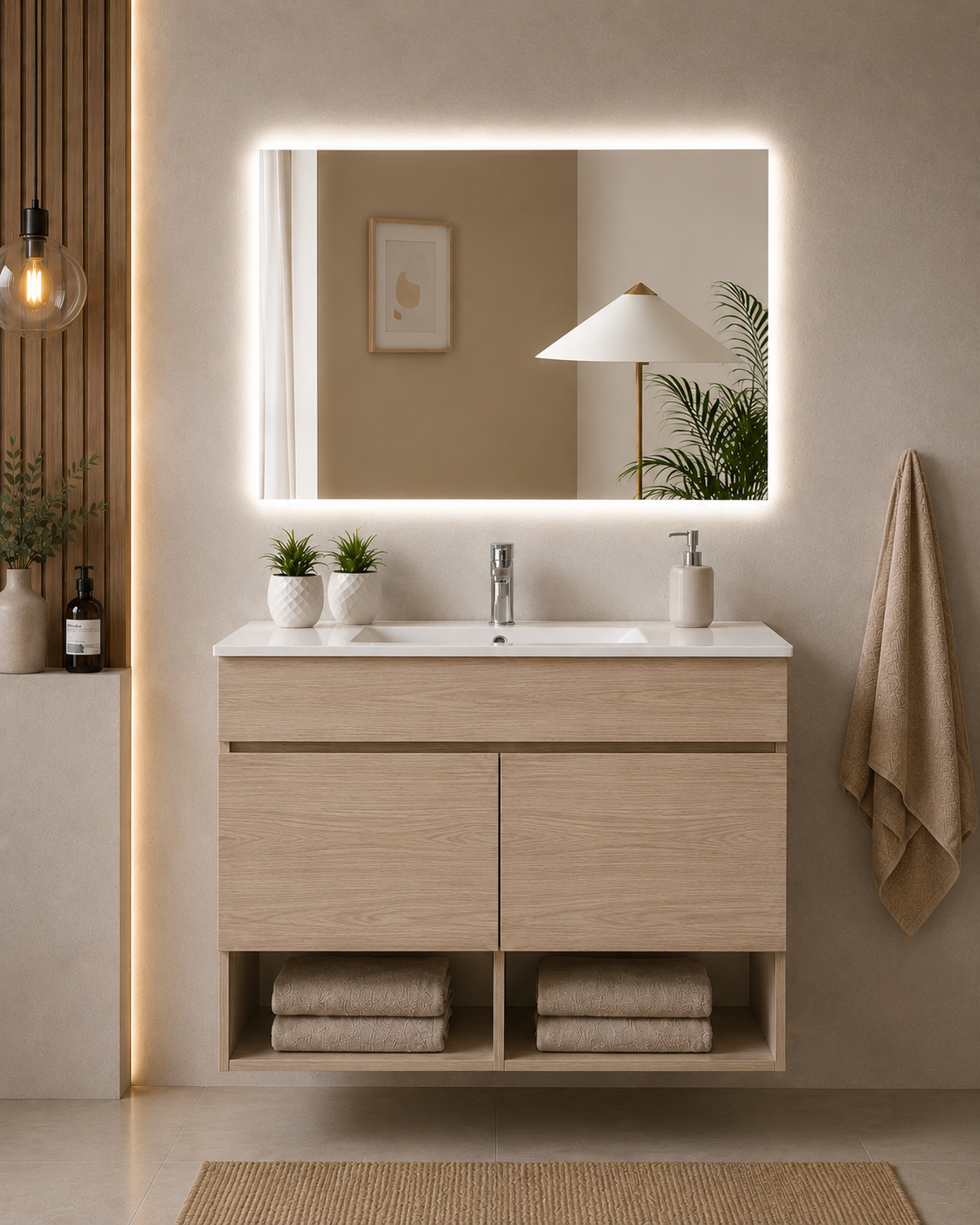 Meuble de salle de bain suspendu NEBARI avec portes et lavabo extra-plat