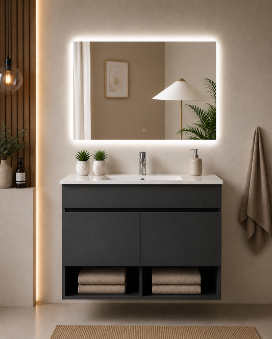Meuble de salle de bain suspendu NEBARI avec portes et lavabo extra-plat