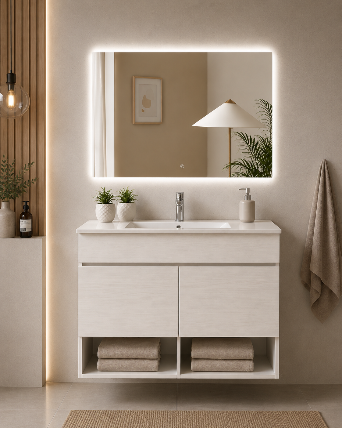 Meuble de salle de bain suspendu NEBARI avec portes et lavabo extra-plat