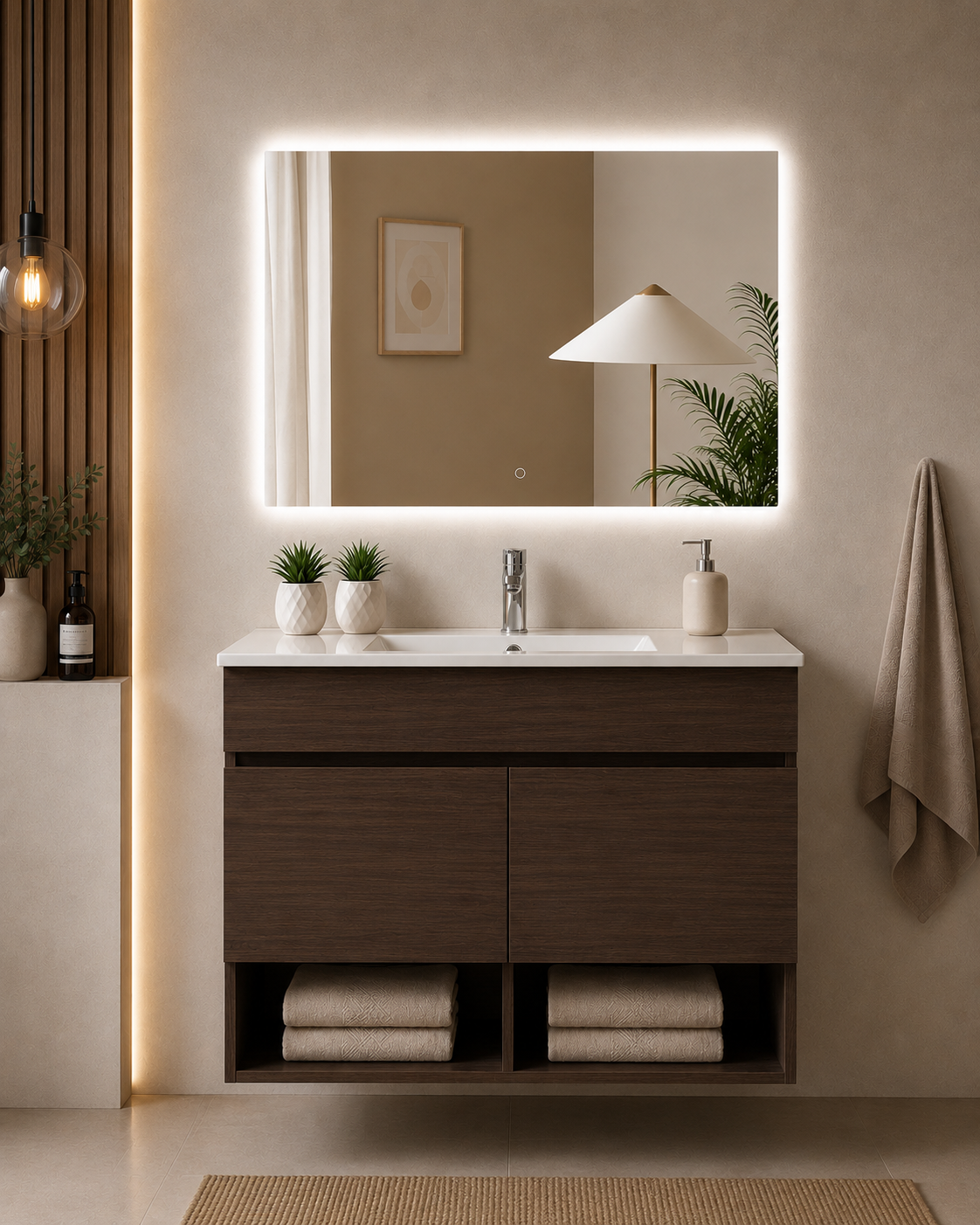 Meuble de salle de bain suspendu NEBARI avec portes et lavabo extra-plat