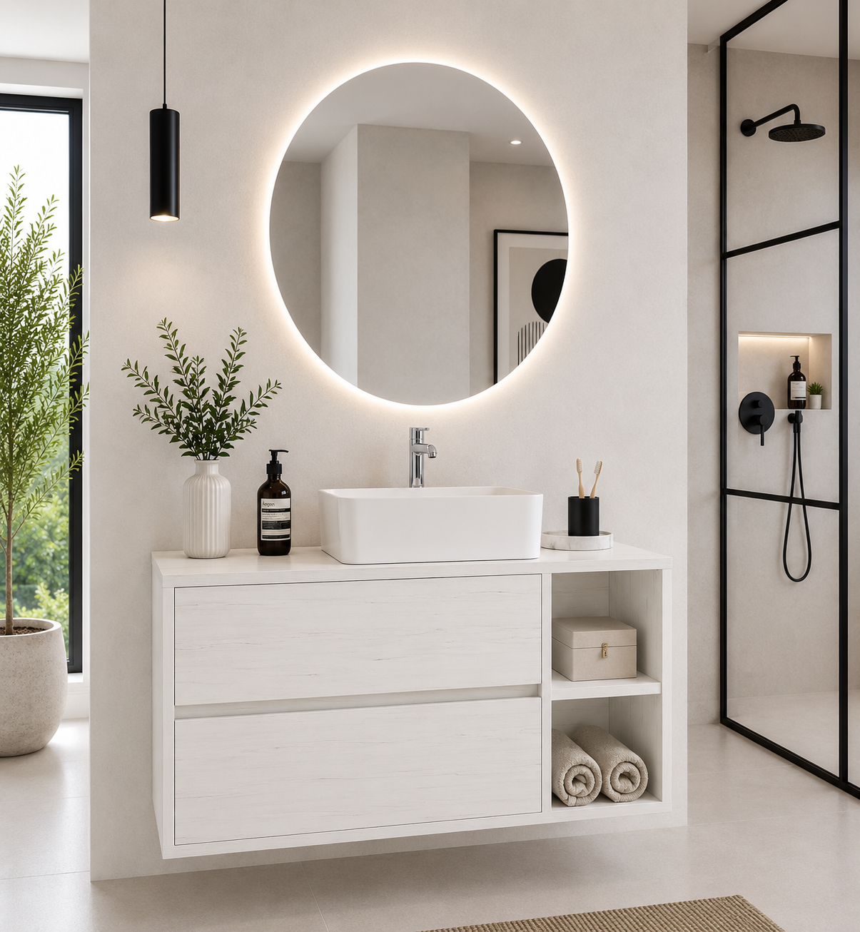 Meuble de salle de bain ZEUS avec plan de travail en bois et lavabo à poser