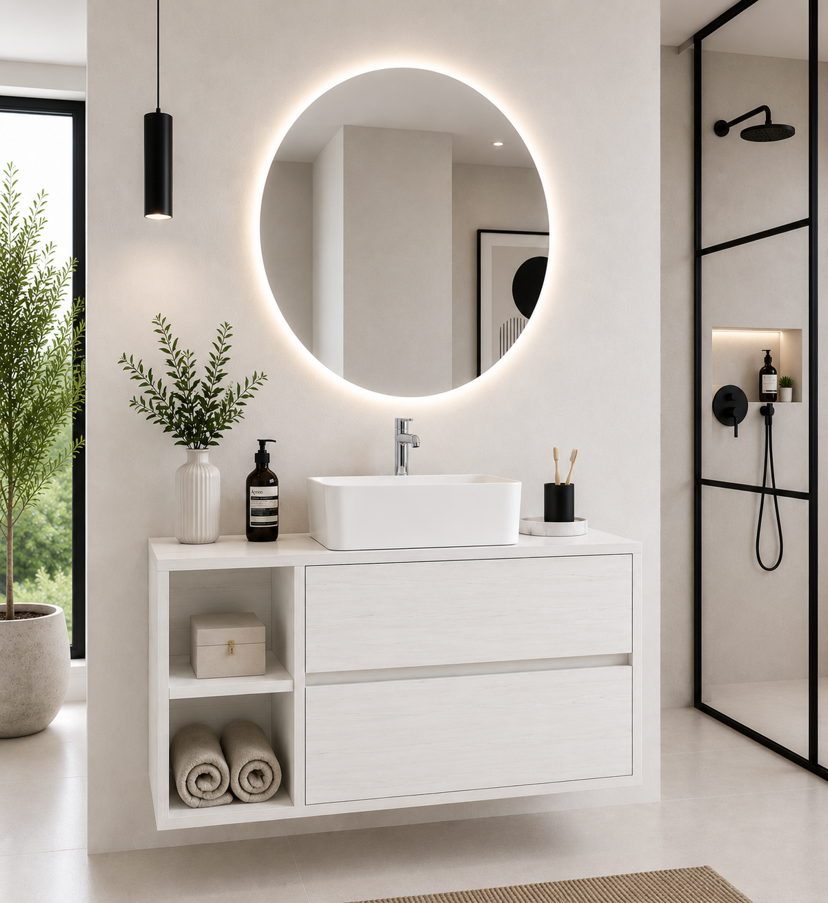 Meuble de salle de bain ZEUS avec plan de travail en bois et lavabo à poser
