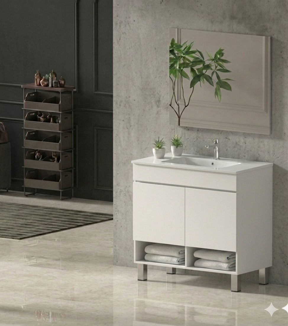 Meuble de salle de bain avec pieds NEBARI avec portes et lavabo extra-plat
