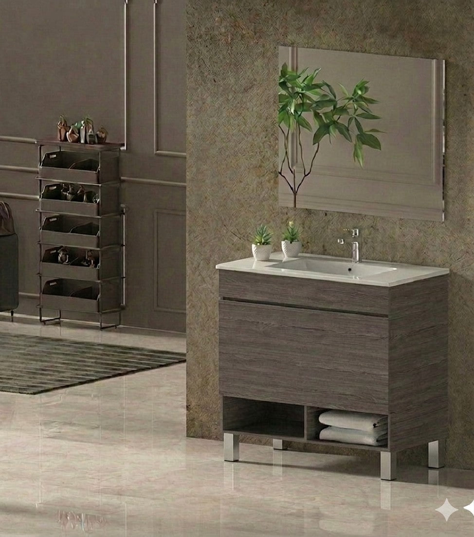 Meuble de salle de bain sur pieds NEBARI avec tiroir et lavabo extra-plat