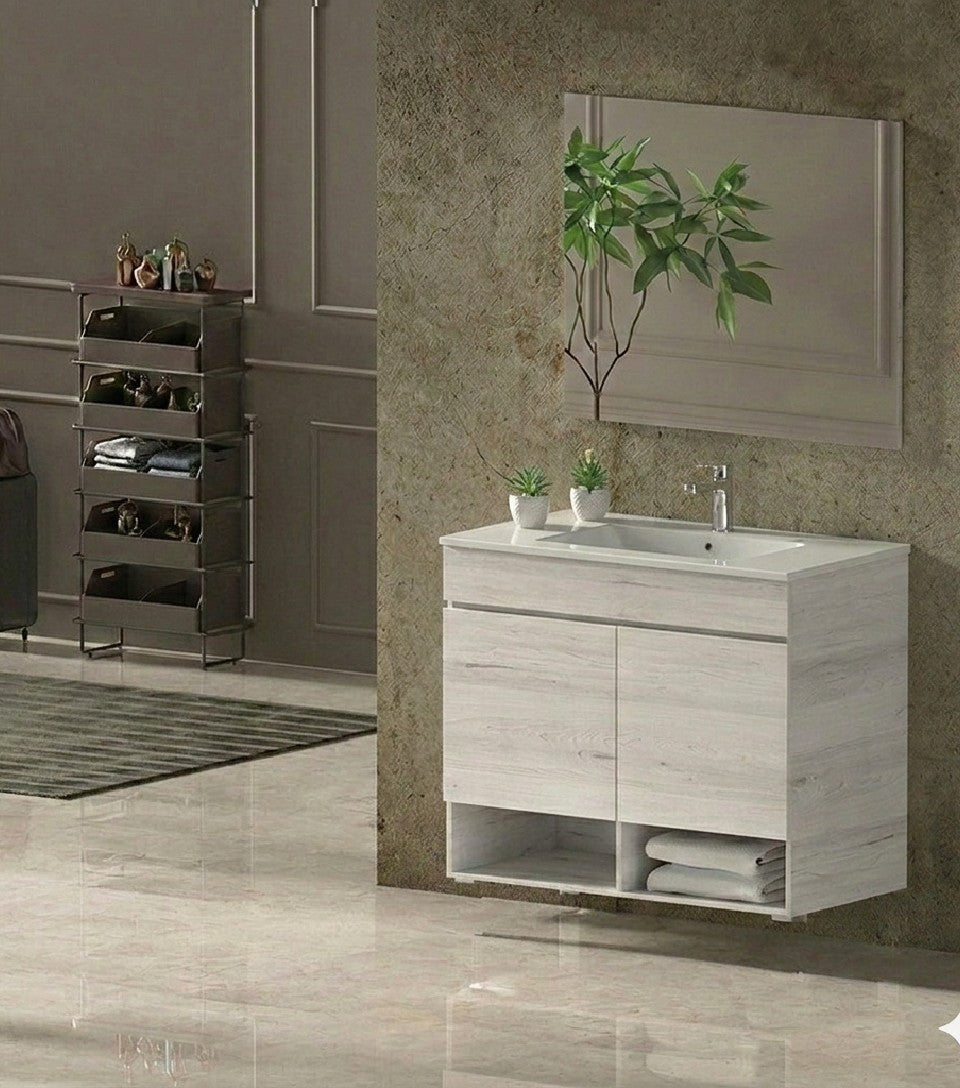 Meuble de salle de bain suspendu NEBARI avec portes et lavabo extra-plat