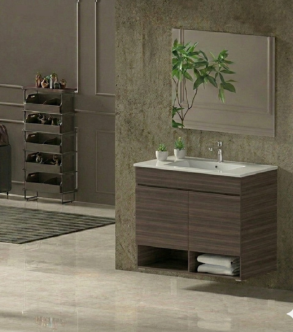 Meuble de salle de bain suspendu NEBARI avec portes et lavabo extra-plat