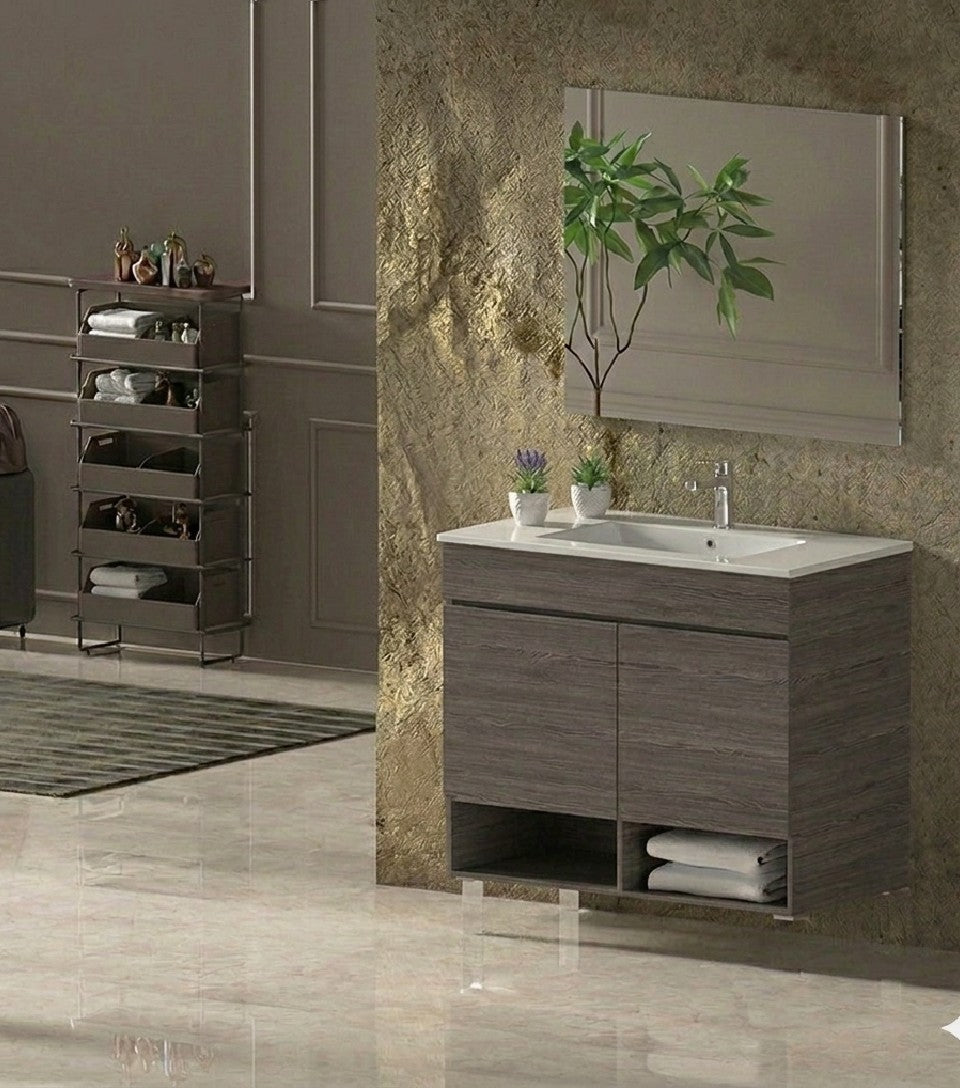 Meuble de salle de bain suspendu NEBARI avec portes et lavabo extra-plat