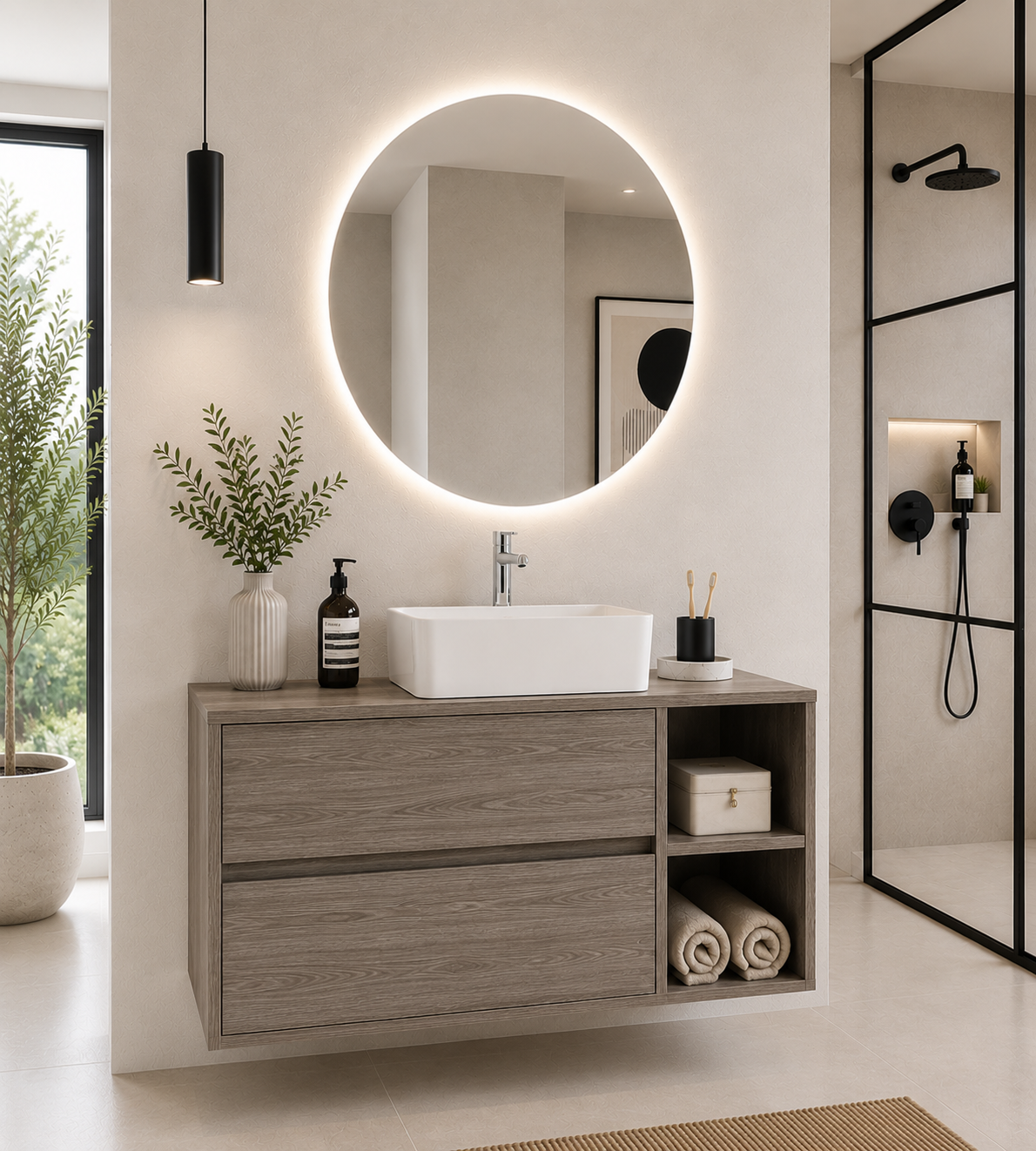 Meuble de salle de bain ZEUS avec plan de travail en bois et lavabo à poser