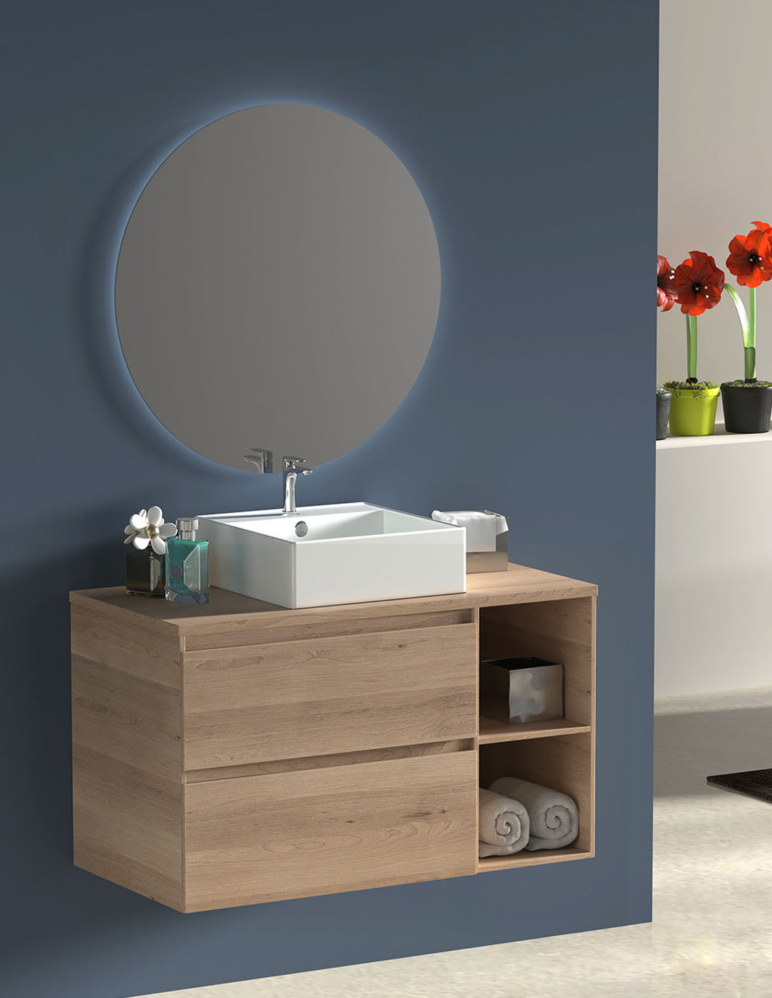 Meuble de salle de bain ZEUS avec plan de travail en bois et lavabo à poser