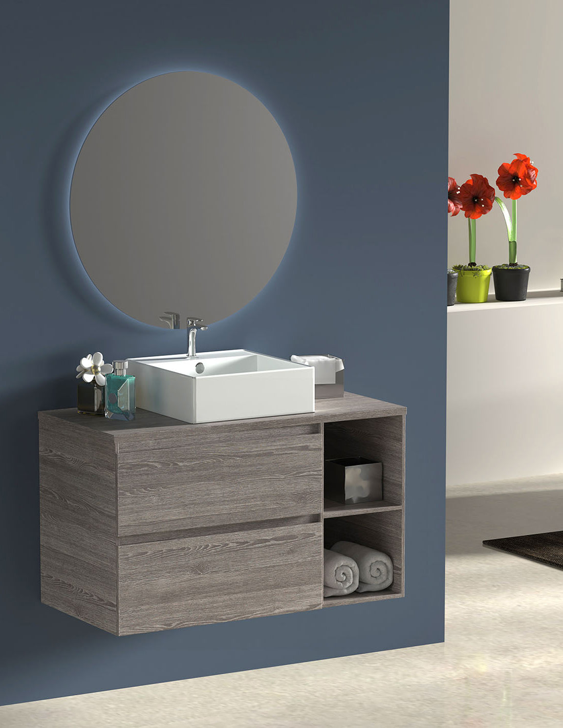 Meuble de salle de bain ZEUS avec plan de travail en bois et lavabo à poser